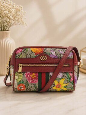 Authentic Gucci Ophidia GG Flora Mini Crossbody Bag Red Floral Canvas